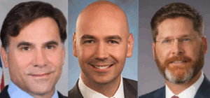Three professional headshot photographs arranged side by side showing newly confirmed U.S. Department of Transportation administrators. From left to right: Paul Roberti, PHMSA Administrator, wearing a dark suit with blue shirt and dark tie; Jonathan Morrison, NHTSA Administrator, wearing a dark suit jacket with white shirt; and Sean McMaster, FHWA Administrator, wearing a dark suit with white shirt and red patterned tie, and glasses.