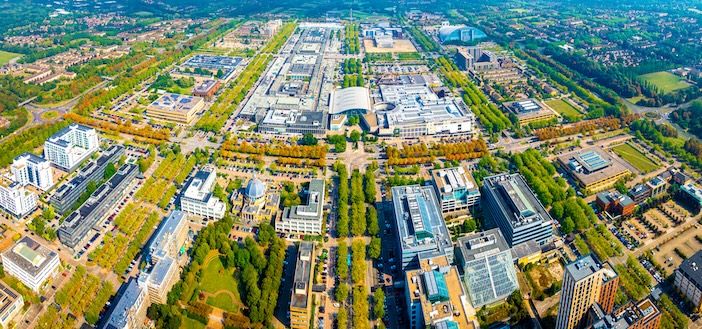 Aerial view of Milton Keynes, a city in Buckinghamshire, England, UK