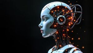 Futuristic female robot head. Profile view. Visible tech details, inside head. Artificial intelligence concept. Generative ai. Modern robot design. Intelligent machine. Advanced tech. Cyborg head.
