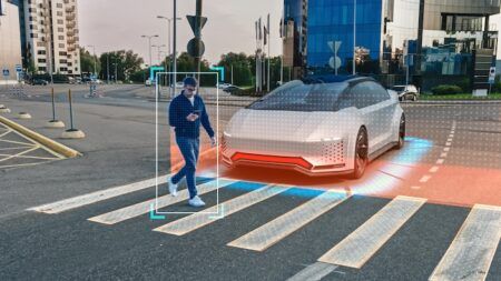 New UK study reveals how pedestrians react to self-driving cars Self-Driving 3D Car Concept: Person Steps on a Crosswalk, Autonomous Vehicle Stops Before Him. Visualization of Safety Features: Scanning Surroundings, Detecting Pedestrian, Stopping before Crosswalk