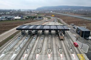 Aerial view of a multilane toll plaza