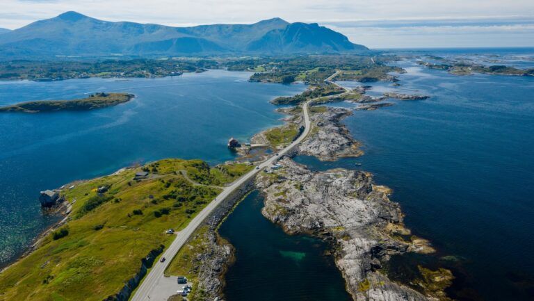 Cars crossing bridges on Atlanterhavsvegen, scenic coastal highway, west coast of Norway