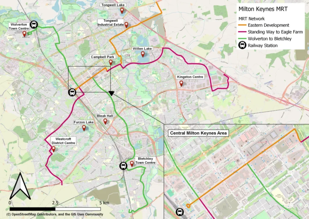 Map of Milton Keynes showing planned routes