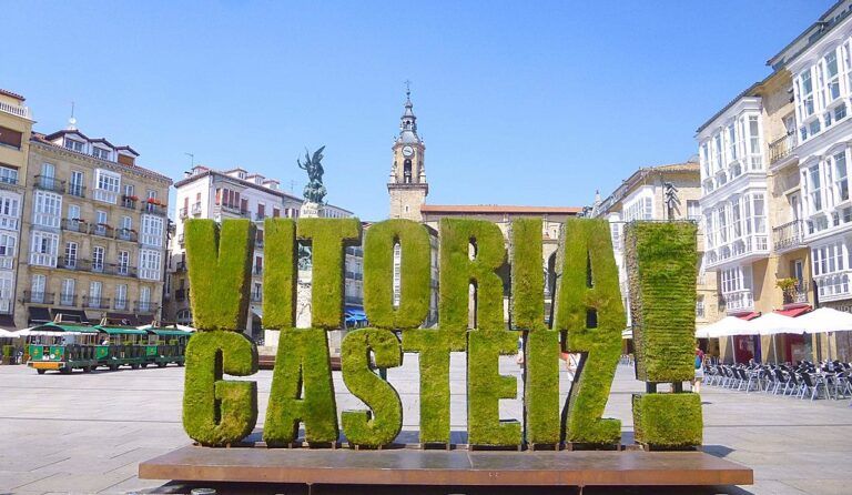 Vitoria Gasteiz sign in green giant letters in city square