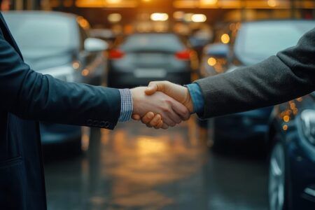 Two people shaking hands in a car dealership or parking lot with blurred cars and warm lighting in the background symbolizing agreement or deal