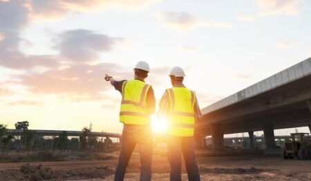 A chief civil engineer is introducing inspection of a road or expressway construction project under the road to an intern. At the expressway construction site