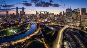 Aerial panorama of the beautiful city of Melbourne at dusk