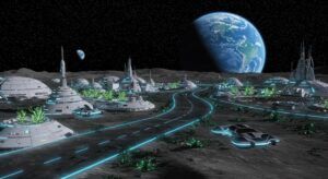 Futuristic lunar city with glowing roads and Earth in the background