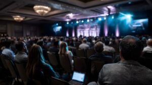 Packed marketing conference with keynote speaker on stage