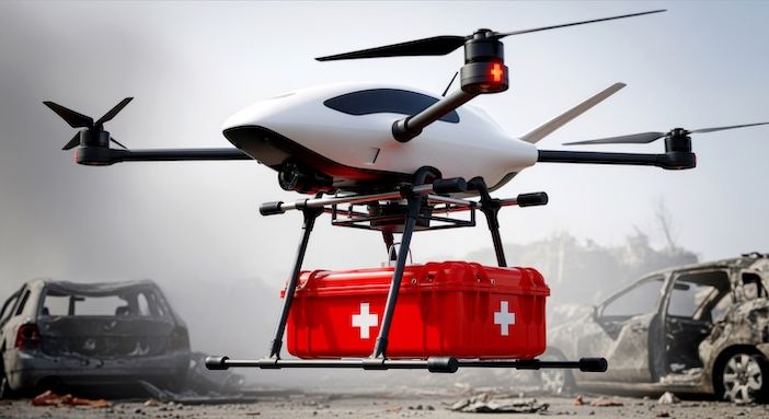 Quadcopter drone delivering medical supplies. Medical drone with red first aid box flying over war zone with destroyed cars. Emergency UAV delivering medical supplies in disaster or conflict area.