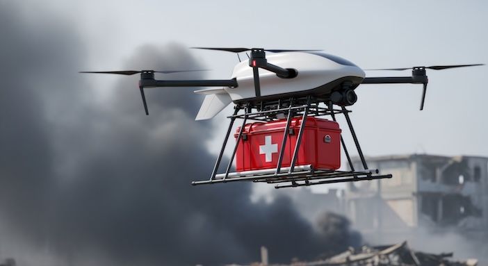 Advanced quadcopter drone delivering medical supplies in disaster zone for emergency response and relief efforts