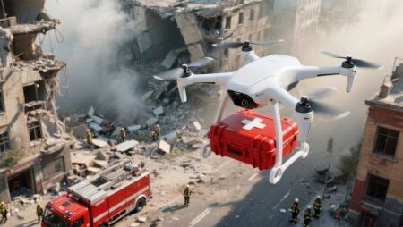 Coventry University to research drone deliveries for disaster zones Futuristic drone delivering emergency medical supplies in a disaster-stricken urban area with collapsed buildings and smoke.