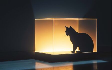 Shadow of a cat in a transparent box, dramatically lit