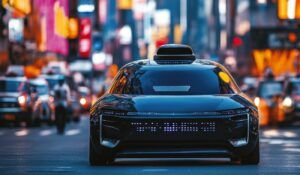 AI generated image of a robotaxi on a city street