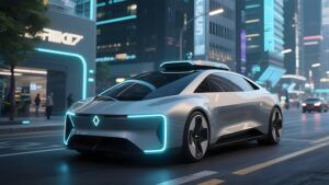 Futuristic self-driving car on a vibrant city street at night