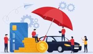 Vector illustration showing a black car protected by a large red umbrella, surrounded by stylised figures using digital devices, stacks of gold coins, a dollar sign coin, and credit cards, with gear icons in the background.