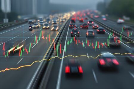 FEATURE: Understanding price elasticity in tolling – a new study Candlestick chart showing automotive industry stock market performance with blurred highway traffic in the background, suggesting a correlation between the two