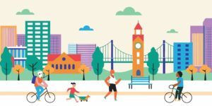 Colourful flat illustration of a diverse group of people cycling, skateboarding, and jogging along a shared urban path, with a city skyline, clock tower, bridge, and trees in the background.