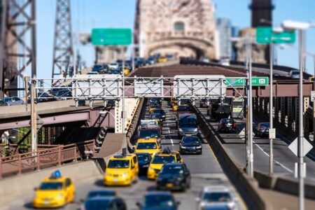 New York City - Busy view of the Queensboro Bridge in Manhattan with rush hour traffic traveling to Brooklyn NYC