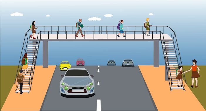 Illustration of a pedestrian footbridge over a multi-lane road, with people of various ages walking across the elevated crossing and others using the stairways on either side, while cars travel below.