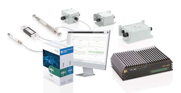 Product photograph showing Kistler's digital Structural Health Monitoring system components including various digital sensors, an edge computing device with ventilated housing, software packaging, and a computer monitor displaying the monitoring dashboard with waveform data.
