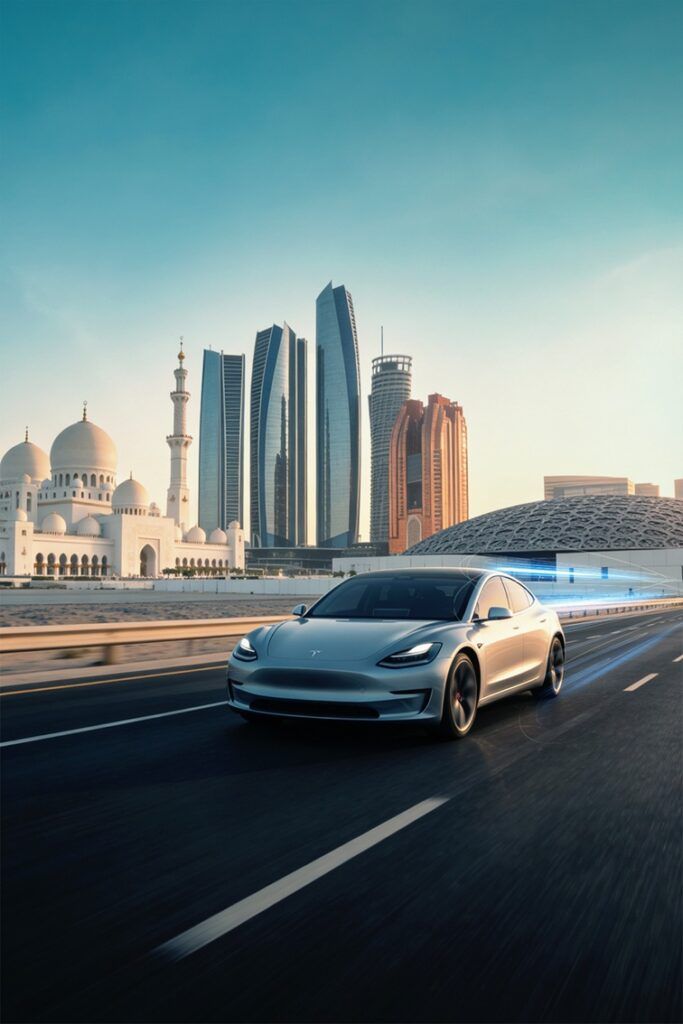 A silver Tesla saloon car drives along a multi-lane road with blue light trails suggesting speed, set against the Abu Dhabi skyline featuring the Sheikh Zayed Grand Mosque, the Etihad Towers, the Emirates Palace hotel and the Louvre Abu Dhabi museum dome under a clear teal sky