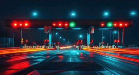 A brightly lit highway toll booth at night, with red and green signals directing vehicles