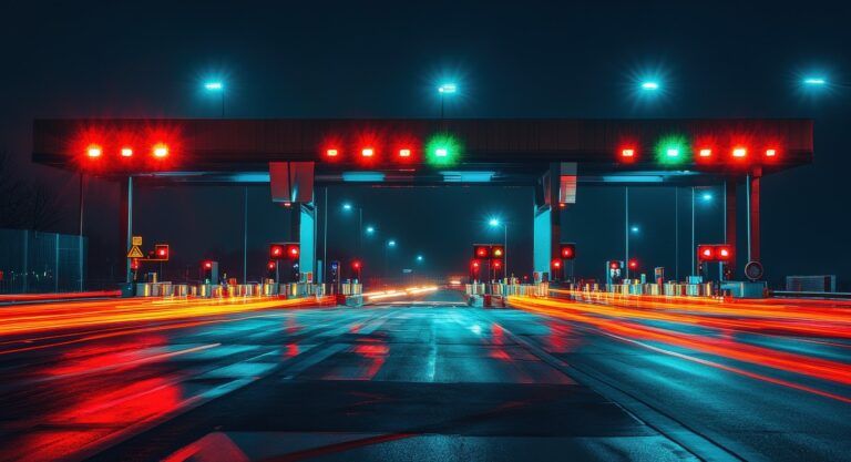 A brightly lit highway toll booth at night, with red and green signals directing vehicles