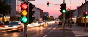 Traffic lights and city street at dusk