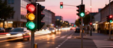 Traffic lights and city street at dusk