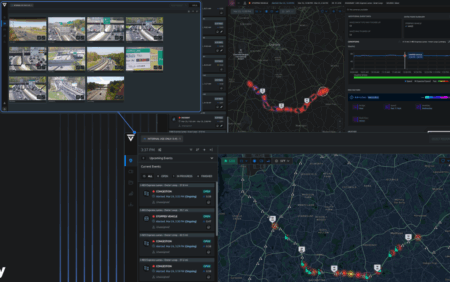 A close-up screenshot of the Lanternn traffic management interface showing an event list panel with multiple open congestion and stopped vehicle alerts on the I-485 Express Lanes Outer Loop, alongside a dark-mode map of the Charlotte area with colour-coded incident markers.