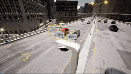 A simulated street-level view from a roadside Kapsch TrafficCom camera installation, showing three vehicles — classified as LuxurySedan, FamilyVan, and SUV — with licence plates and Kapsch branding overlaid, illustrating real-time vehicle identification and classification as part of the HoTCap system.