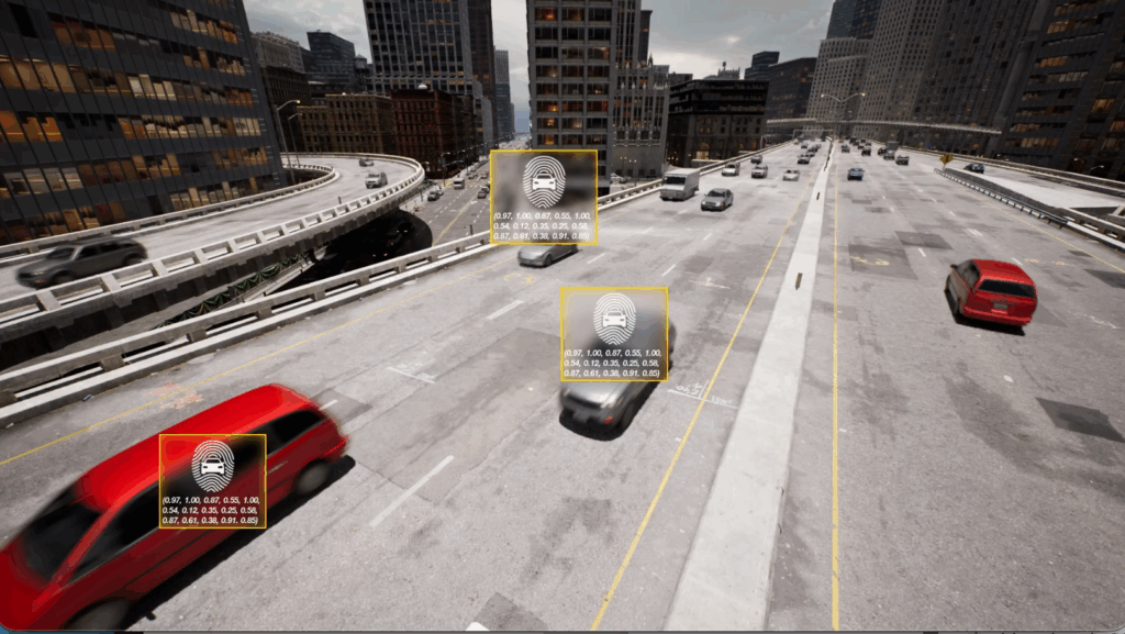 A simulated overhead view of a multi-lane urban highway with vehicles travelling in both directions, with three vehicles highlighted by yellow detection boxes, each overlaid with a fingerprint icon and numerical confidence data, illustrating Kapsch TrafficCom's HoTCap vehicle identification system.