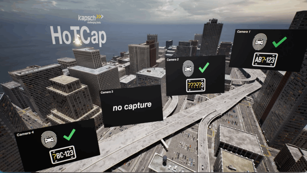 A Kapsch TrafficCom HoTCap promotional graphic showing four camera capture panels overlaid on a city highway interchange, illustrating a range of capture outcomes including a full read, two partial plate reads with unknown characters, and one panel showing no capture