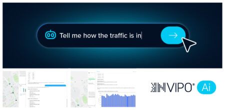 Incinity adds AI assistant to Invipo traffic management platform Promotional graphic for Invipo AI featuring a large search bar prompt reading "Tell me how the traffic is in", with smaller inset screenshots of the platform interface, a data chart, and the Invipo AI logo on a dark blue background.