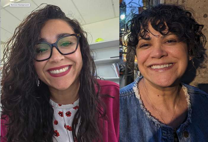 eadshots of two women side by side. On the left, a woman with long dark curly hair, glasses and a pink jacket. On the right, a woman with short dark curly hair wearing a denim jacket.