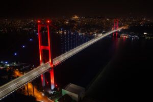 Aerial panoramic drone view of the 15 July Martyrs Bridge (Bosphorus Bridge) at night, connecting Europe and Asia in Istanbul, Turkey