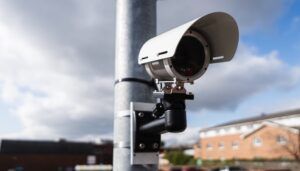 A white ANPR camera mounted on a metal pole against a partly cloudy sky, with a brick building visible in the background