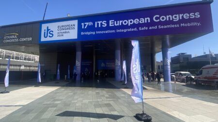 Entrance to the Istanbul Congress Centre for the 17th IT European Congress with banners above the door