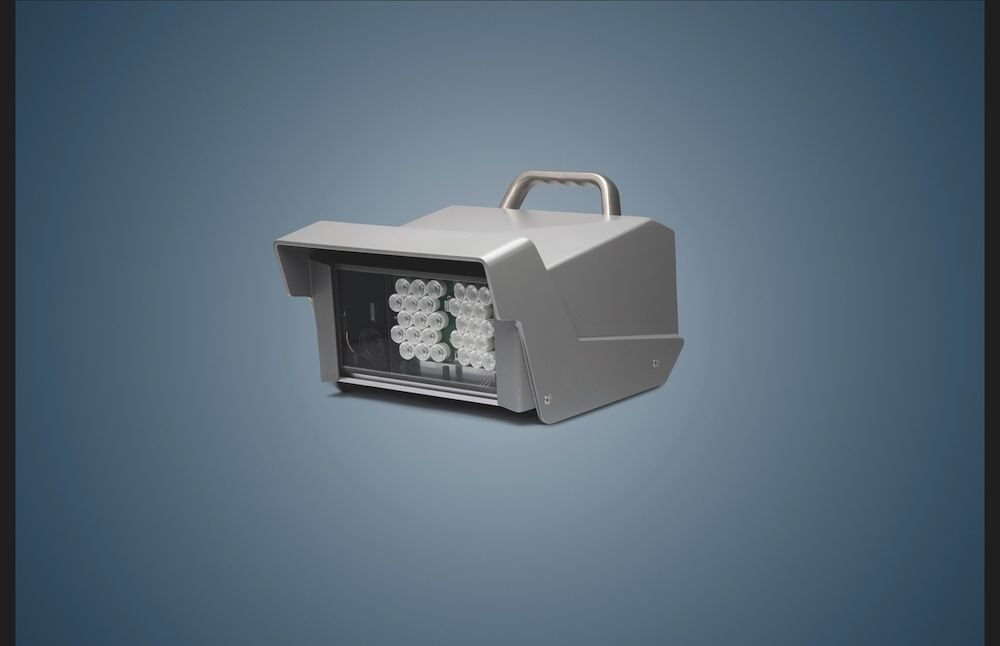 Vitronic Poliscan video enforcement camera unit with LED illuminators, shown against a blue gradient background.