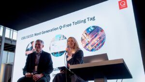 Q-Free’s Fredrik Nordh and Silje Troseth announce the OBU1010 at Intertraffic Amsterdam 2026