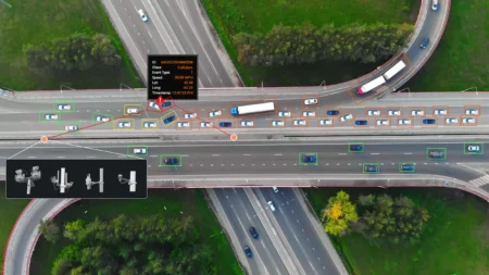Cavnue wins VDOT contract for lane-level traffic data service on I-95 Aerial view of a motorway interchange with AI-generated bounding boxes tracking individual vehicles in multiple lanes. An inset data panel flags a collision event with GPS co-ordinates, speed, and timestamp, alongside an inset showing roadside sensor hardware options.