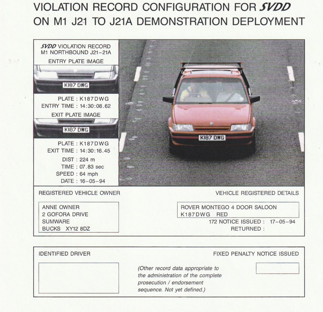 Document titled "Violation Record Configuration for SVDD on M1 J21 to J21A Demonstration Deployment" showing a full-frame overhead photograph of a red Rover Montego alongside extracted number plate images, entry and exit timestamps, calculated speed of 64mph, and registered owner details