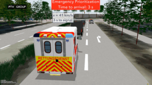 PTV Vissim simulation screenshot showing an emergency ambulance on an urban road with an "Emergency Prioritization – Time to arrival: 3s" overlay and signal-timing data.