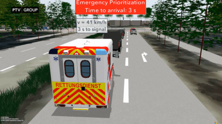 PTV Vissim simulation screenshot showing an emergency ambulance on an urban road with an "Emergency Prioritization – Time to arrival: 3s" overlay and signal-timing data.