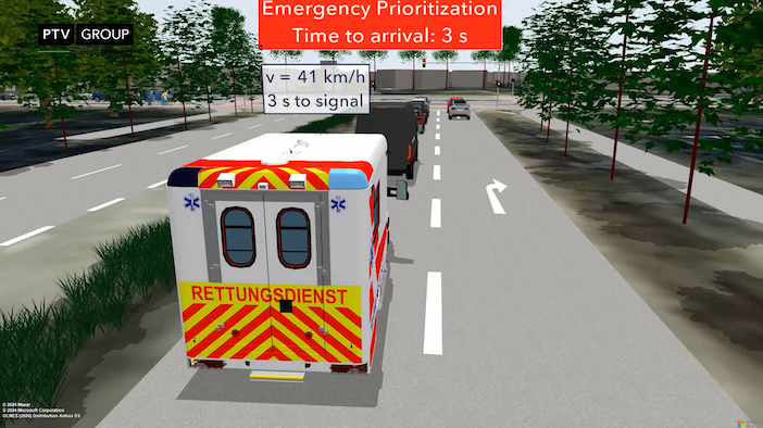 PTV Vissim simulation screenshot showing an emergency ambulance on an urban road with an "Emergency Prioritization – Time to arrival: 3s" overlay and signal-timing data.