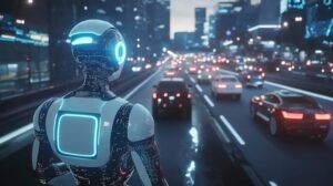 A humanoid robot with glowing blue accents stands with its back to the camera, facing a multi-lane urban motorway at night filled with moving vehicles and illuminated by city lights.