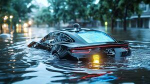 dramatic image of a self-driving car partially submerged in a flooded city street at night. the car's navigation screen is visible. ideal for illustrating climate change, technological disaster, or transportation.