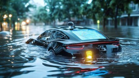 dramatic image of a self-driving car partially submerged in a flooded city street at night. the car's navigation screen is visible. ideal for illustrating climate change, technological disaster, or transportation.
