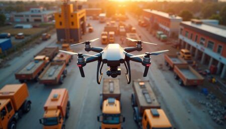 Drone technology targets truck parking shortage in Detroit A quadcopter drone fitted with a downward-facing camera hovers above a busy yard filled with orange trucks, photographed at low altitude against a sunset sky.